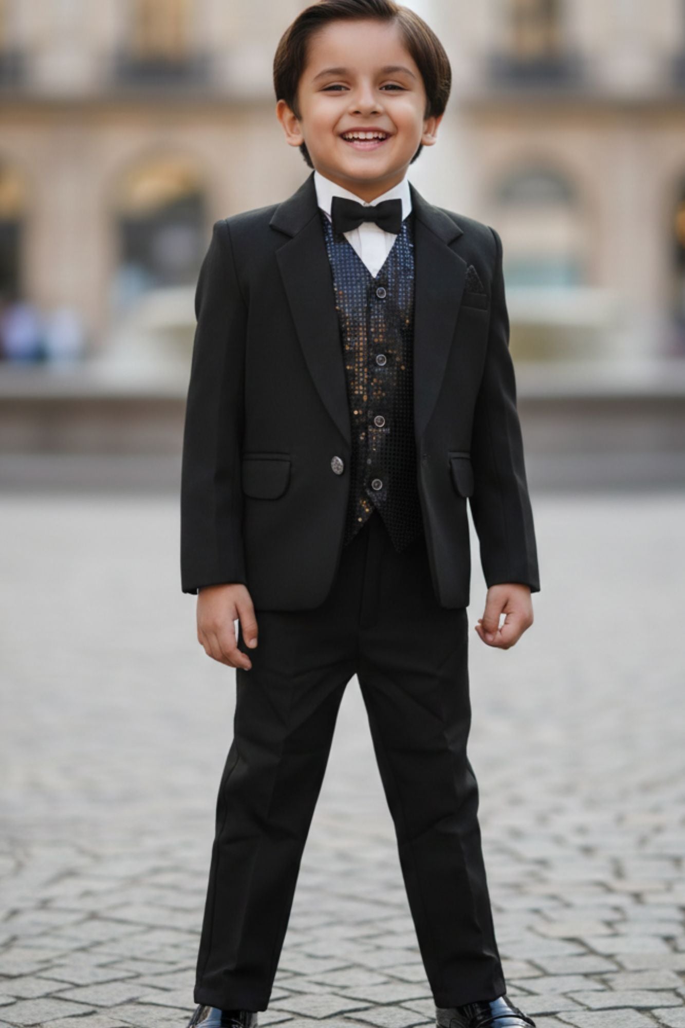 Black Tuxedo With Black Pant And Sequin Waistcoat Set For Boys