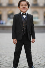Black Tuxedo With Black Pant And Sequin Waistcoat Set For Boys