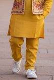 Yellow Embroidered Kurta Set with Nehru Jacket For Boys