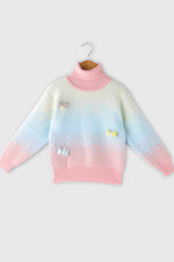 Pink Polo Neck Pullover With Bow Embellished For Girls