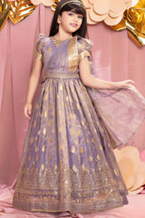 Ethnic Purple Brocade Gown With Sequin Embroidery For Girls