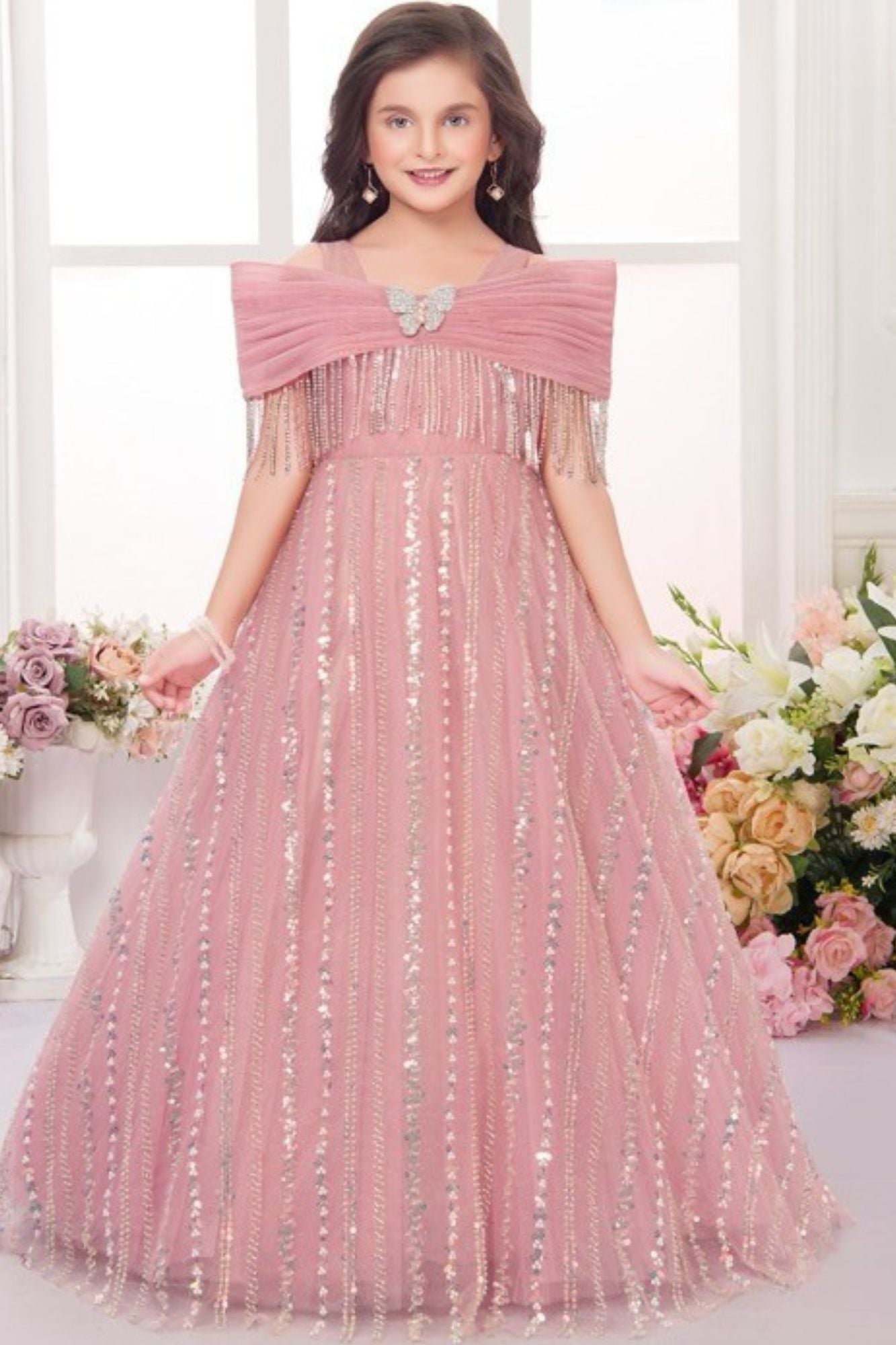Dusty Pink Net Embroidered Princess Gown For Girls