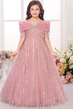 Dusty Pink Net Embroidered Princess Gown For Girls