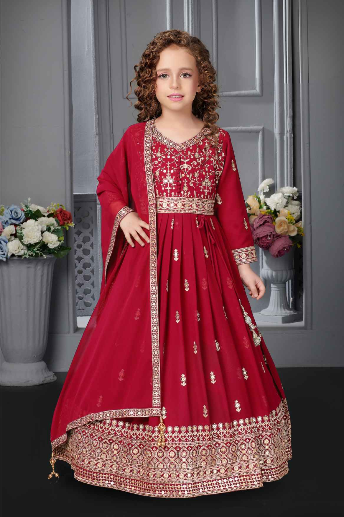 Classic Red Sequins Embroidery And Zari Work Ethnic Gown For Girl
