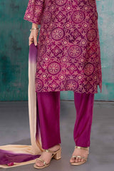 Wine Mirror Work And Printed Ethnic Kurta Set For Girls