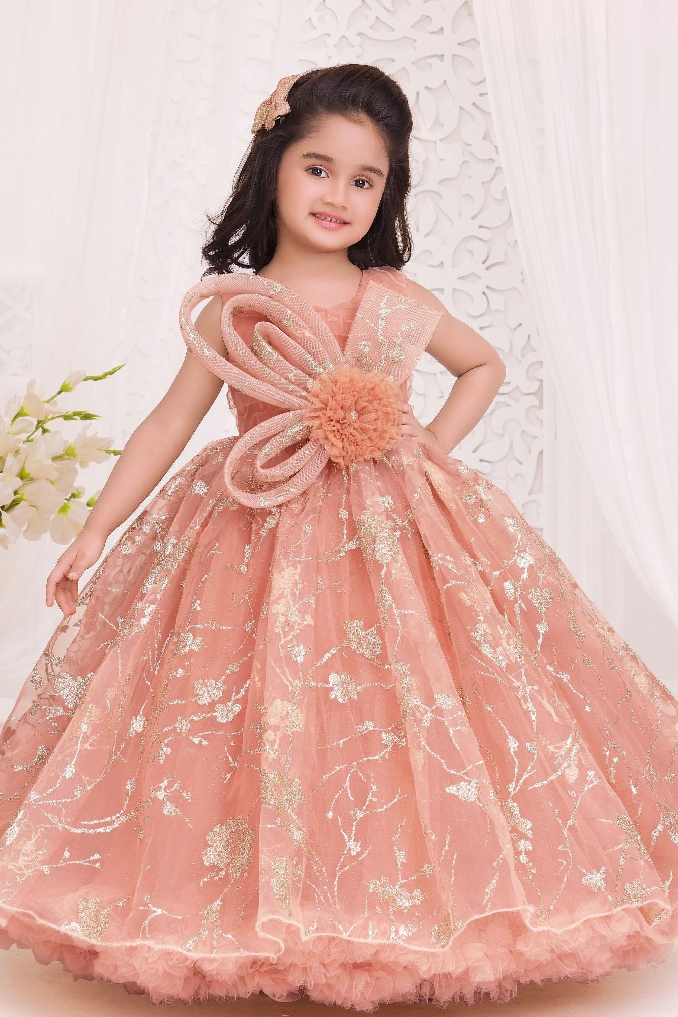 Peach Shimmer Party Gown with Oversized Bow & Floral Accent For Girls – Lagorii Kids