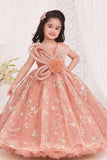 Peach Shimmer Party Gown with Oversized Bow & Floral Accent For Girls
