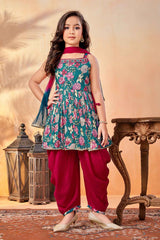 Teal blue And Red Printed And Sequin Top With Dhoti Bottom Set For Girls