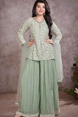 Designer Pista Green Sequined And Embroidered Palazzo Set For Girls