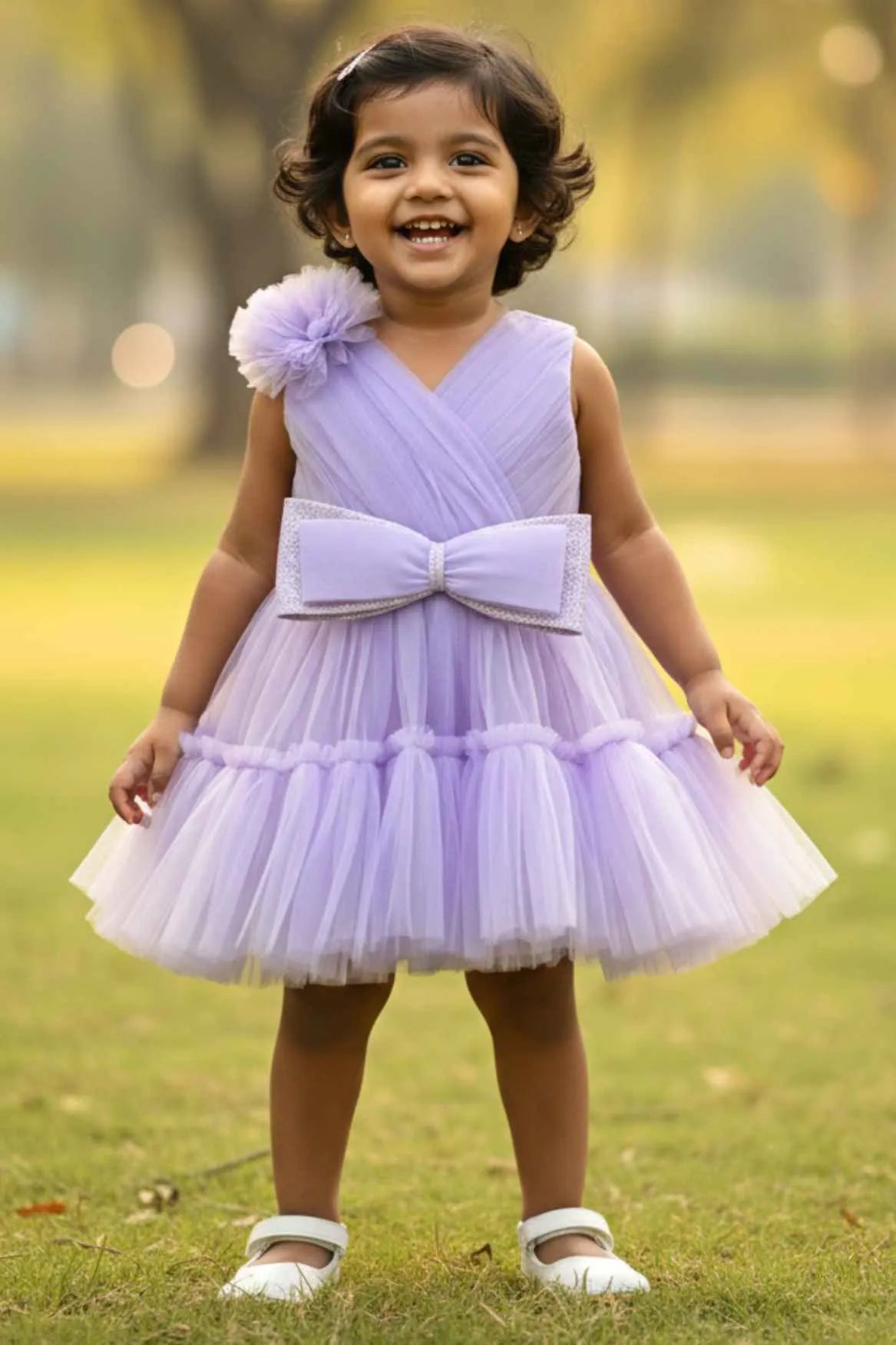 Lilac Tulle Party Wear Frock with Oversized Bow For Girls