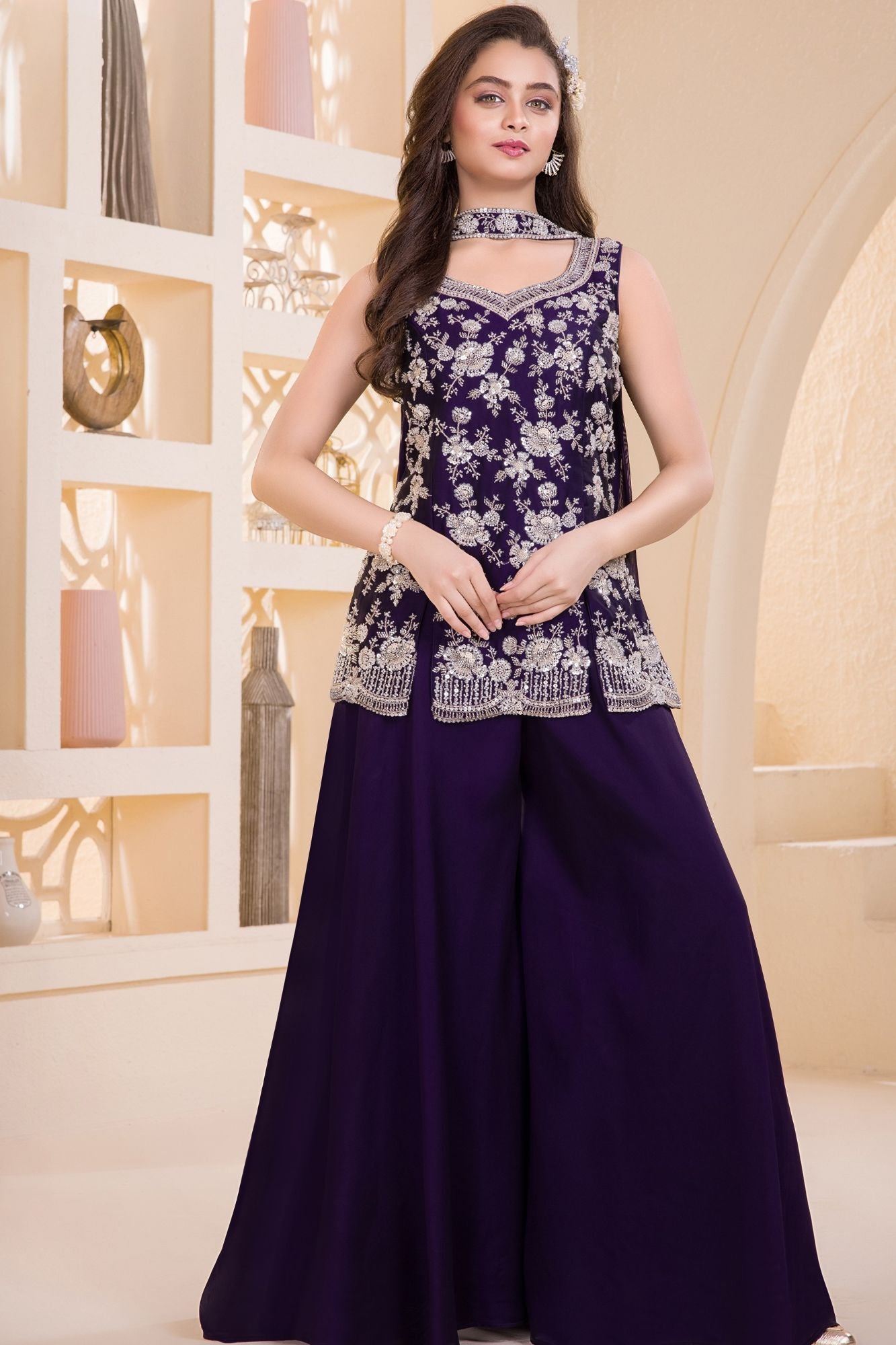 Royal Purple Embroidered Georgette Palazzo Set For Girls