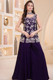 Royal Purple Embroidered Georgette Palazzo Set For Girls