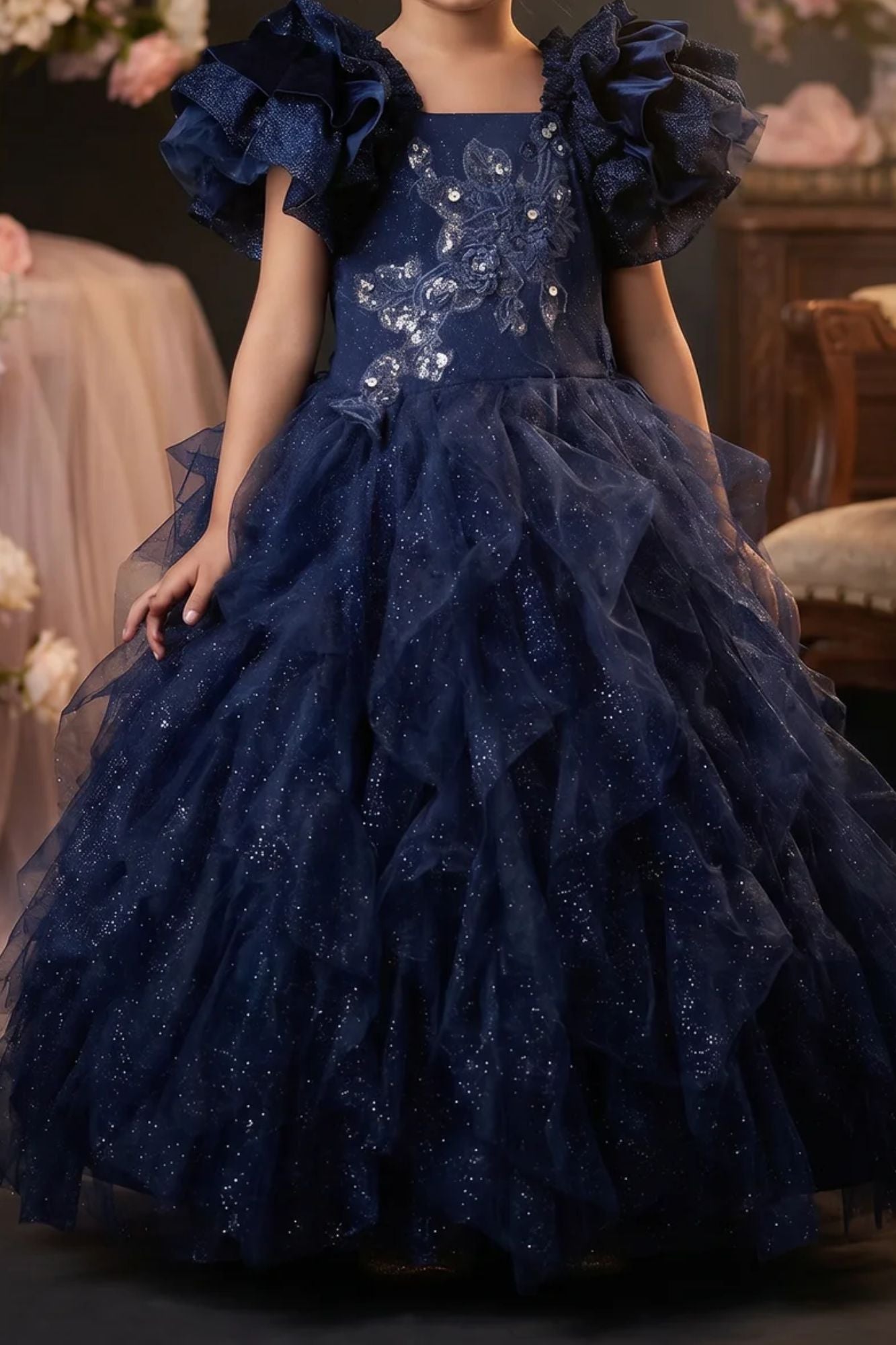 Girls Navy Blue Glitter Net Party Wear Gown with Ruffle Sleeves