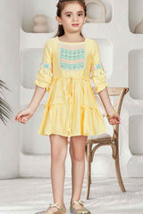 Lemon Yellow 3/4th Sleeves And Sequins Embroidered Dress For Girls