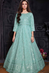 Mint Green Sequined Long Ethnic Gown For Girls