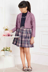 Stylish Lavender Jacket With Checked Skirt And T shirt Set For Girls