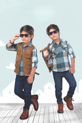 Brown Overcoat With Blue checks Shirt And Pant Set For Boys