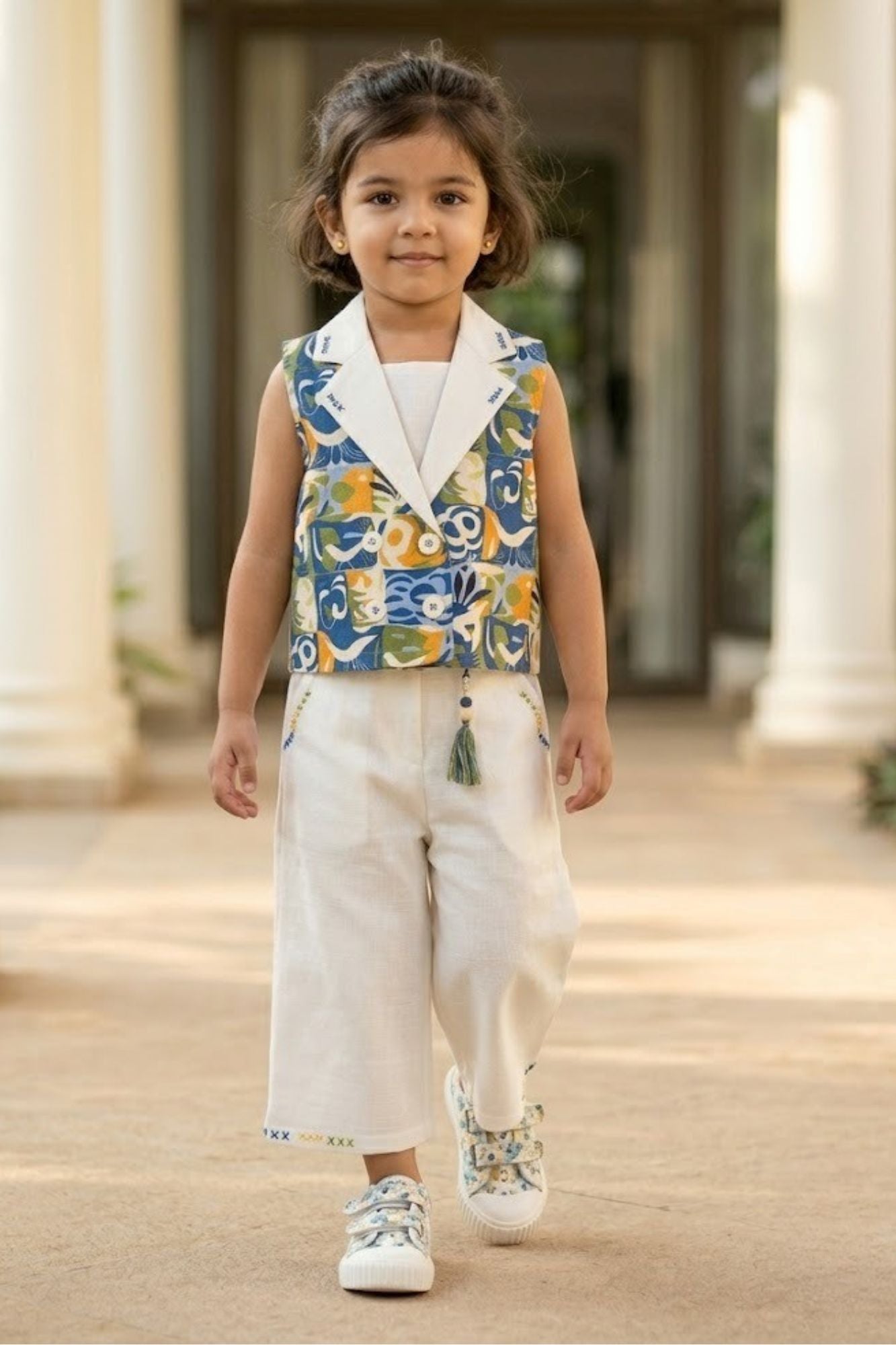 Girls Floral Print Waistcoat Co-Ord Set with Top And Wide-Leg Culotte Pants