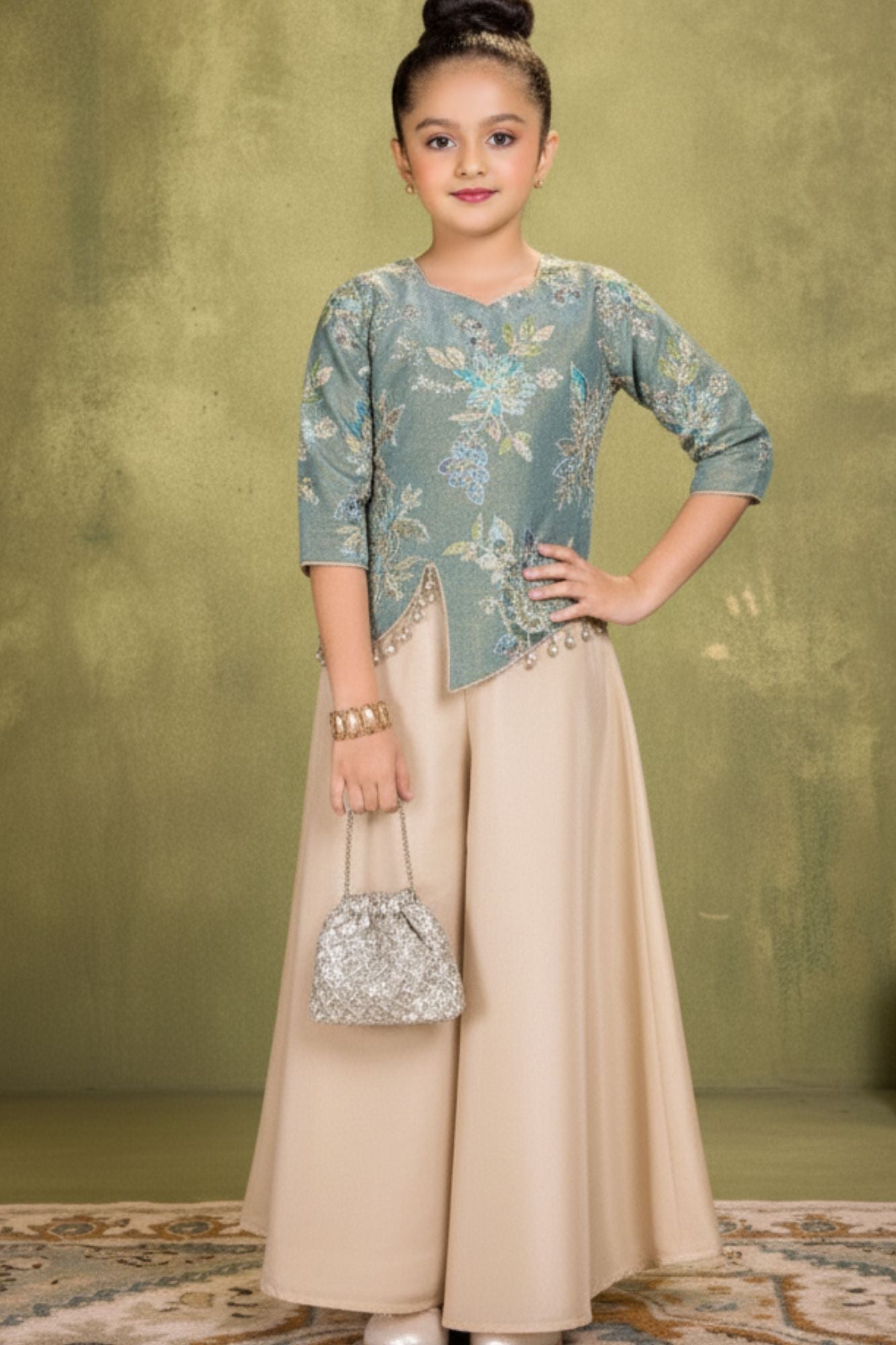 Sea Green Floral Embroidered Palazzo Set For Girls