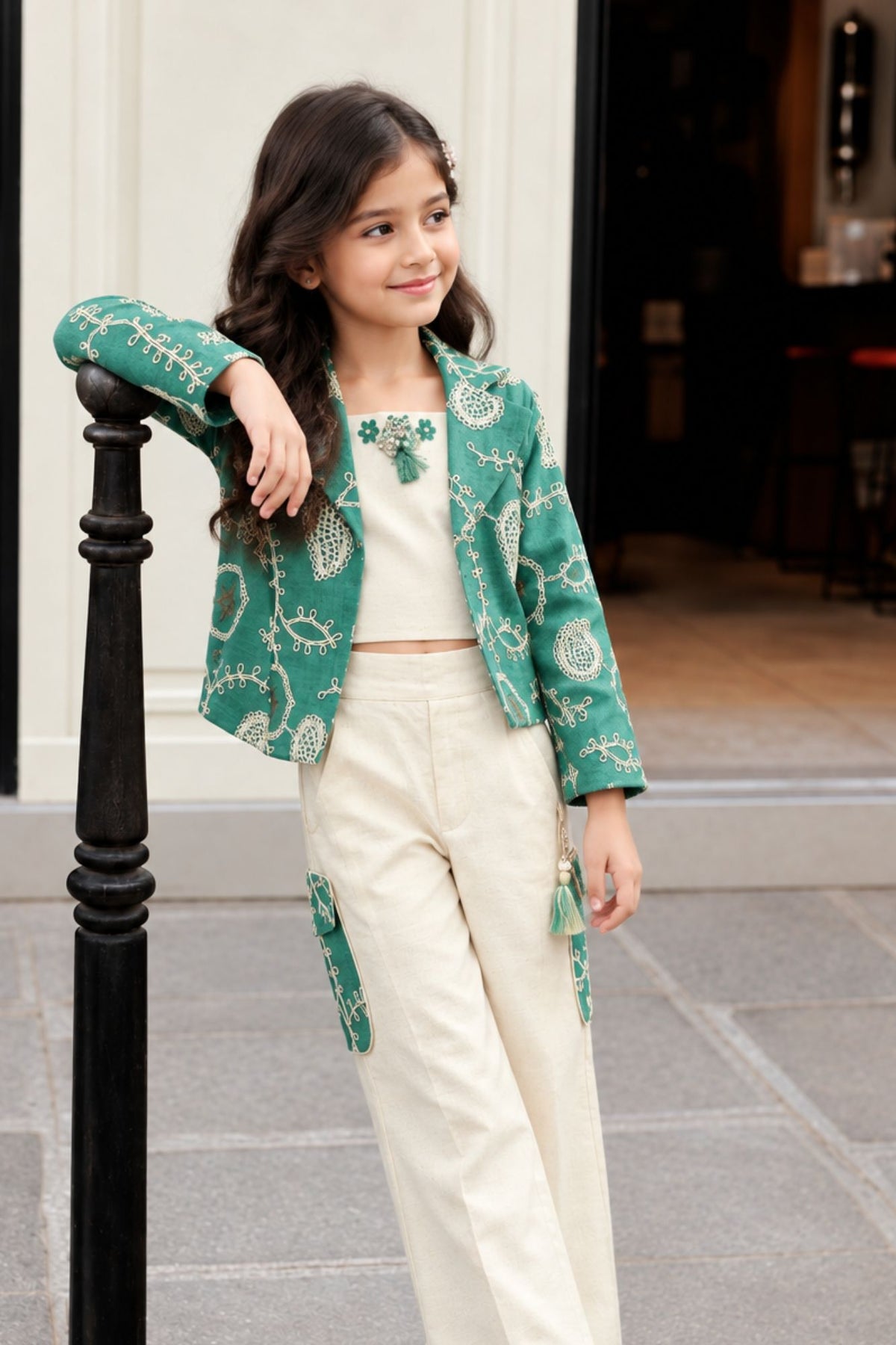 Sea Green Embroidered Jacket & Cream Co-Ord Set For Girls