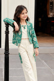 Sea Green Embroidered Jacket & Cream Co-Ord Set For Girls