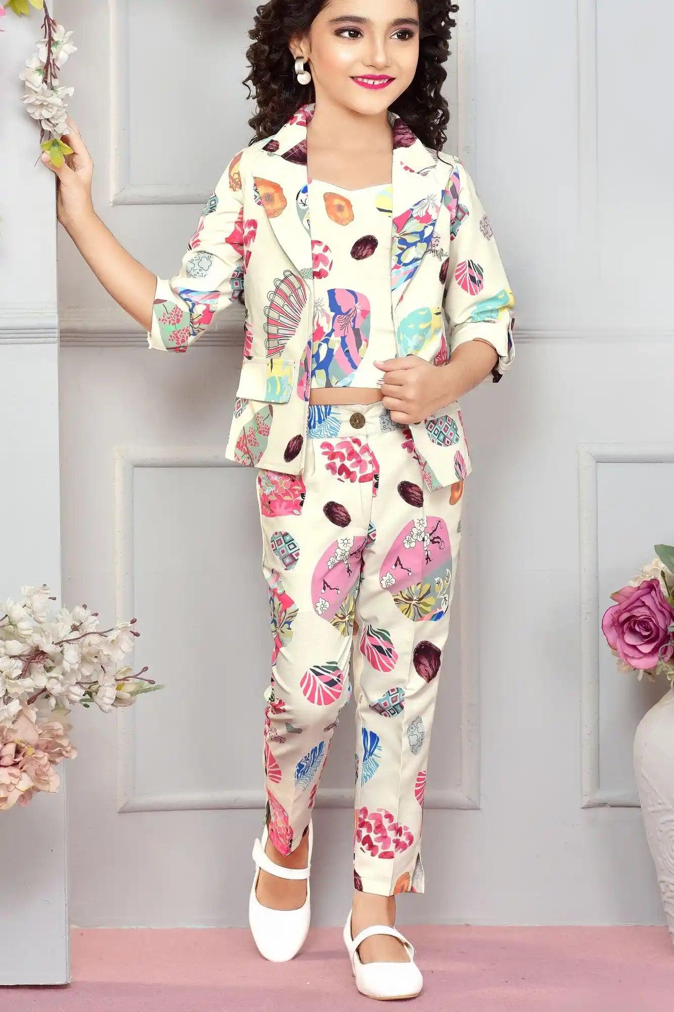 Cream Co-Ord Set with Quirky All-Over Print and Blazer Style Jacket For Girls