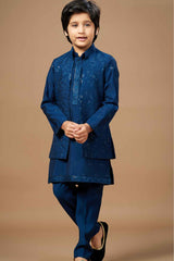 Teal Blue Sherwani Set With Sequin Embroidery For Boys