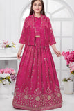 Elegant Rani Pink Embroidered Lehenga Choli with Jacket & Dupatta For Girls