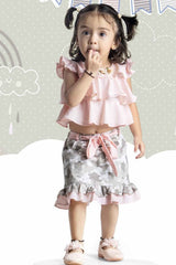 Peach Chiffon Top And Printed Skirt Set For Girls