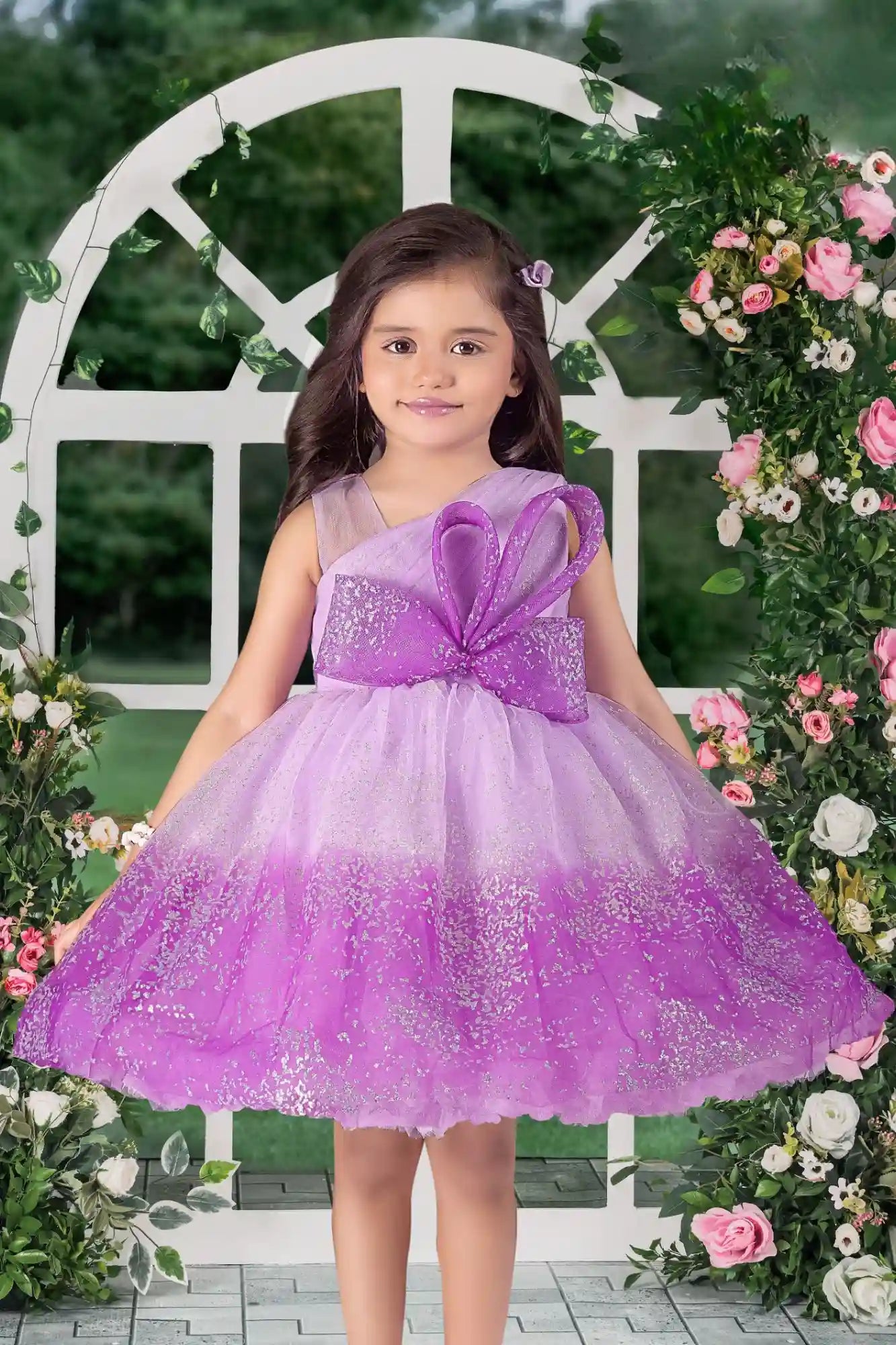 Shimmer Purple Ombre With Bow Embellishment Party Wear Frock for Girls