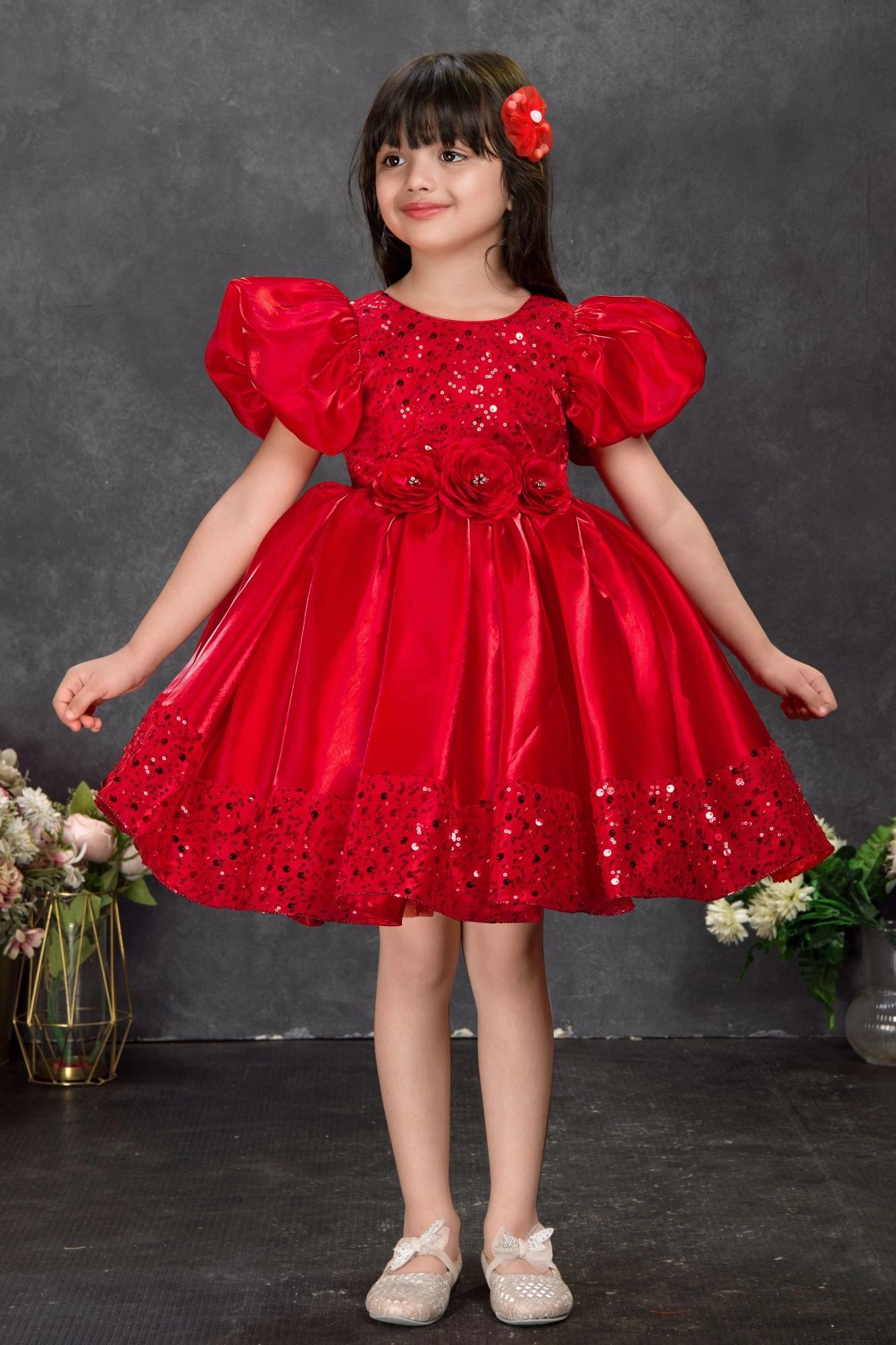 Red Sequin Party Wear Frock with Puffy Sleeves and Floral Waist Detail For Girls