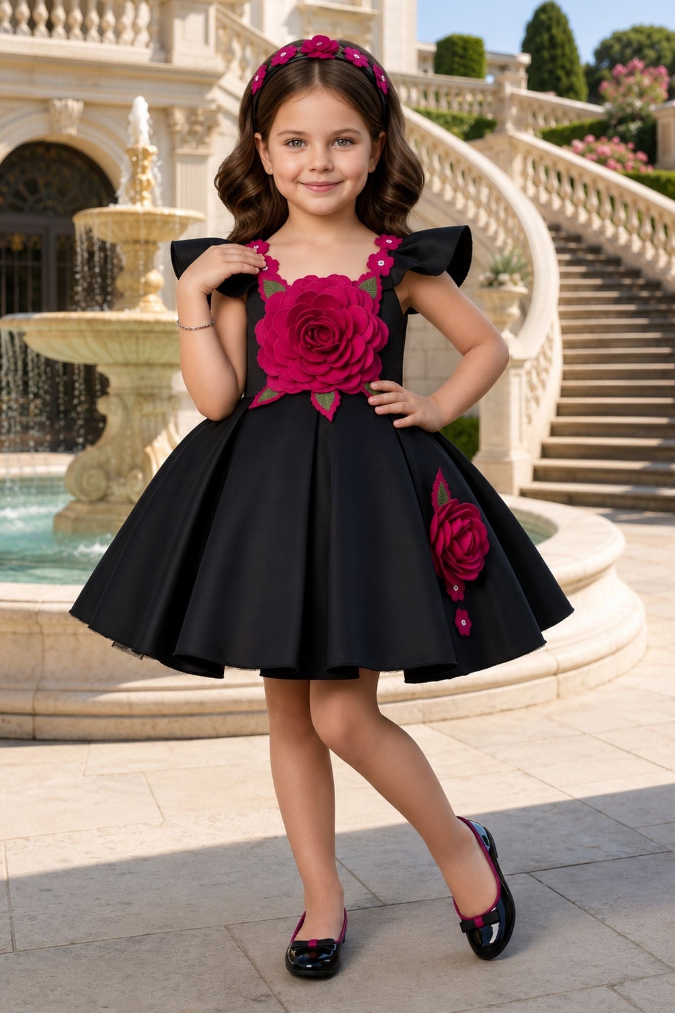 Girls Black Party Wear Frock with 3D Rose Applique Detailing