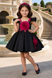 Girls Black Party Wear Frock with 3D Rose Applique Detailing