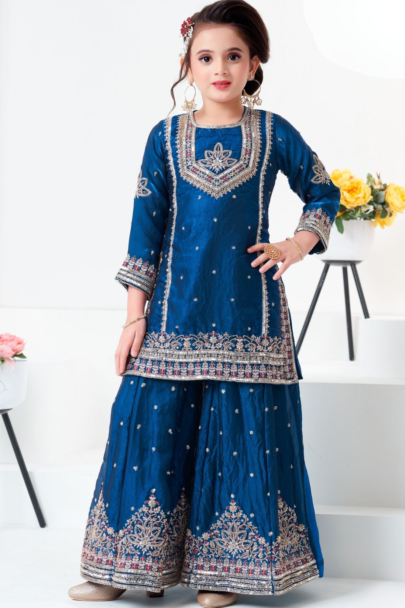 Blue Embroidered Kurti with Flared Palazzo Set For Girls