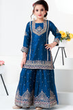 Blue Embroidered Kurti with Flared Palazzo Set For Girls