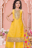 Yellow Embroidered Kurta Set with Floral Printed Dupatta For Girls