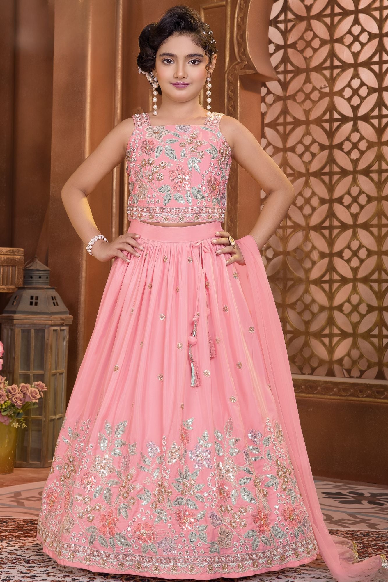 Girls Pink Floral Embroidered Lehenga Set With Dupatta