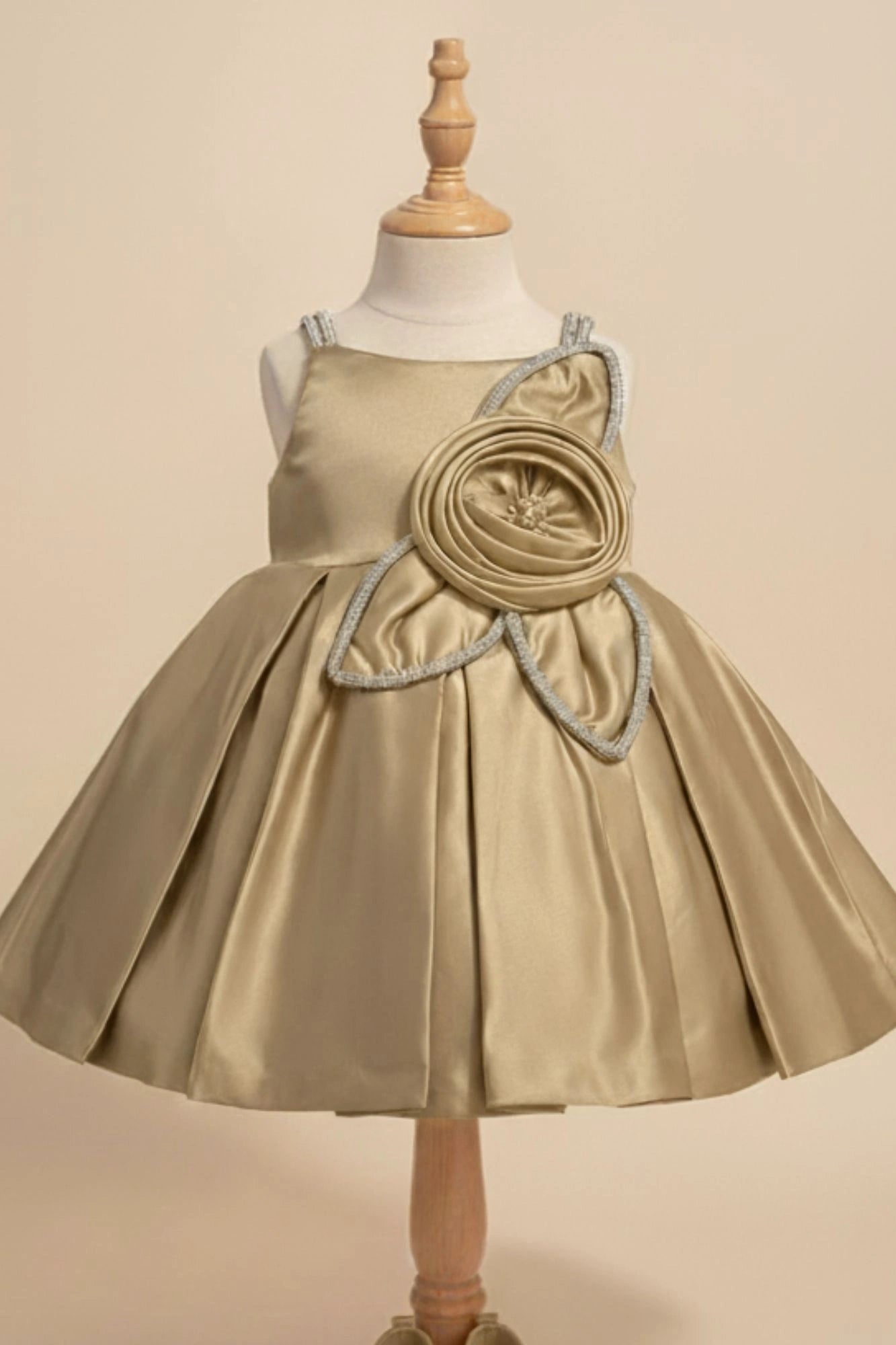 Fawn Party Frock with Floral Rosette and Embellished Strap Detailing For Girls
