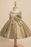 Fawn Party Frock with Floral Rosette and Embellished Strap Detailing For Girls