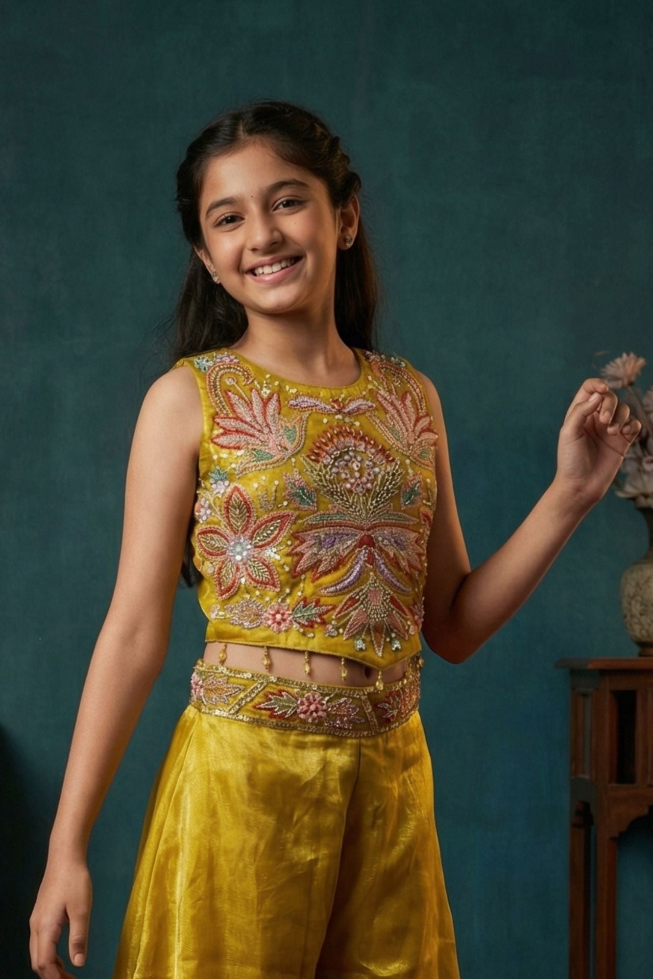 Yellow Sequins Work With Thread Embroidery For Palazzo Set For Girls