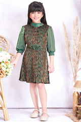 Stylish Green Puffed Sleeves Dress With Floral Embellished For Girls