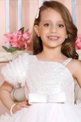 White Sequins Work With Bow Embellished Party Wear Tailback Frock For Girls