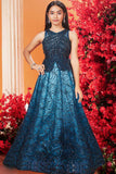 Elegant Peacock Blue Sequined Partywear Gown For Girls
