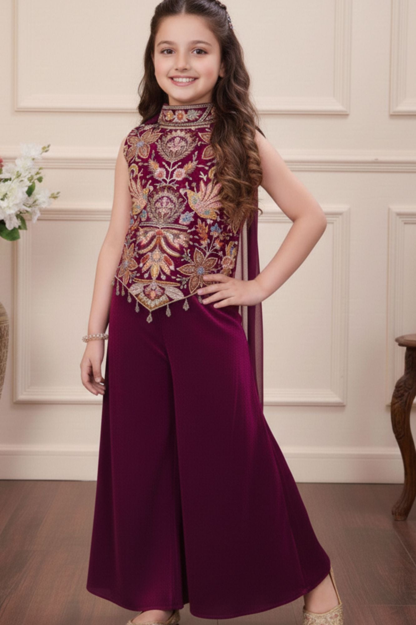 Wine Embroidered Palazzo Set For Girls