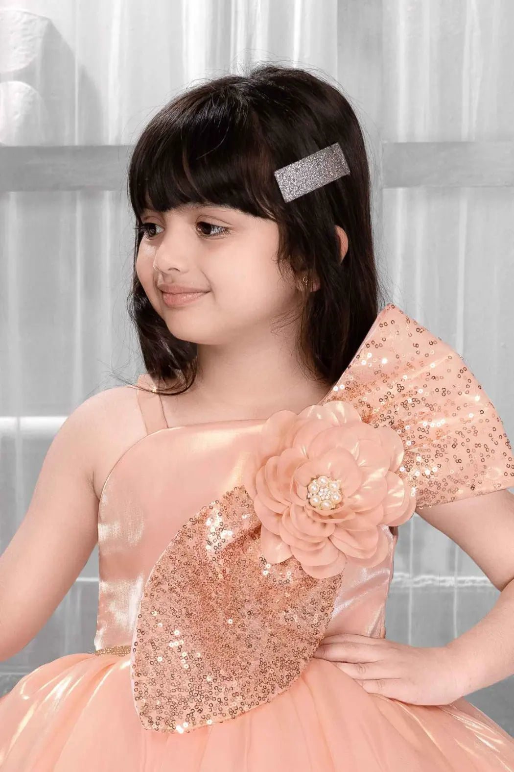 Peach Shimmer Party Frock with Sequin Bow and 3D Flower Detail For Girls