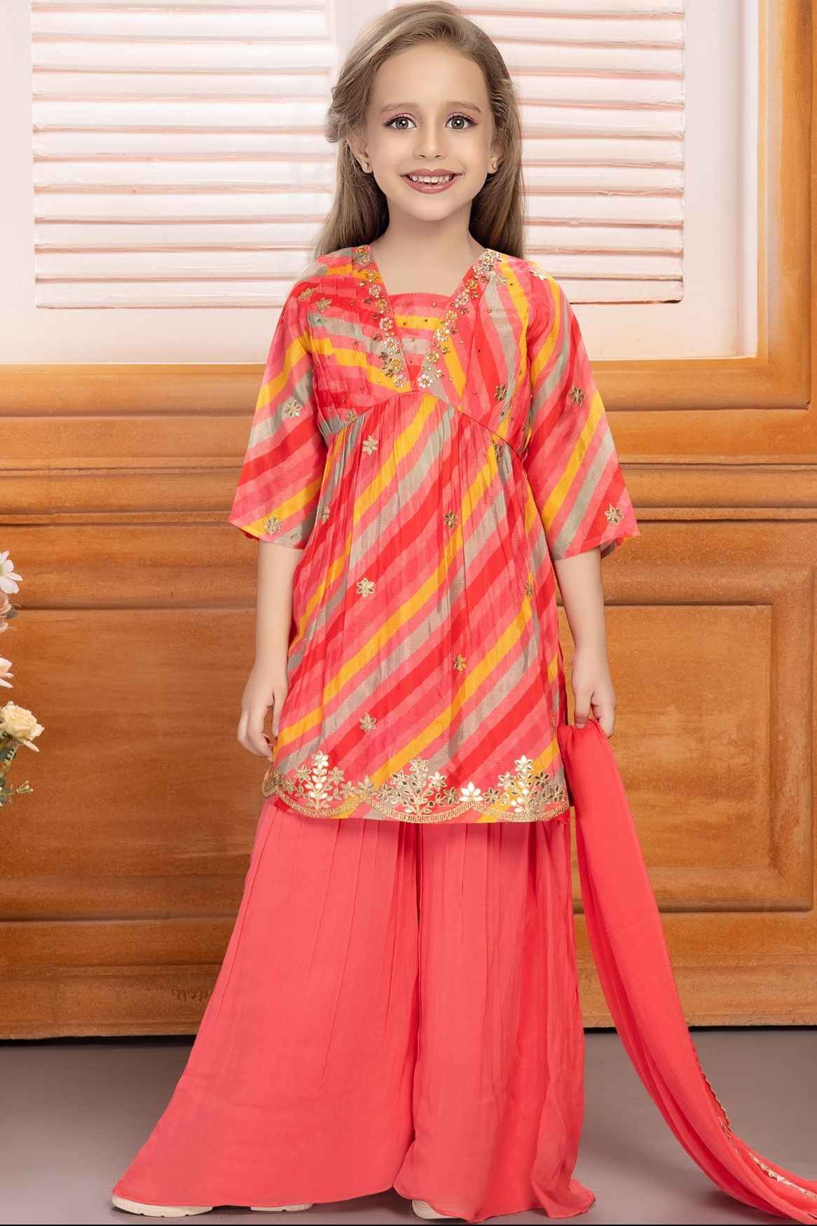 Multicolor Printed And Sequin Top With Palazzo Set For Girls