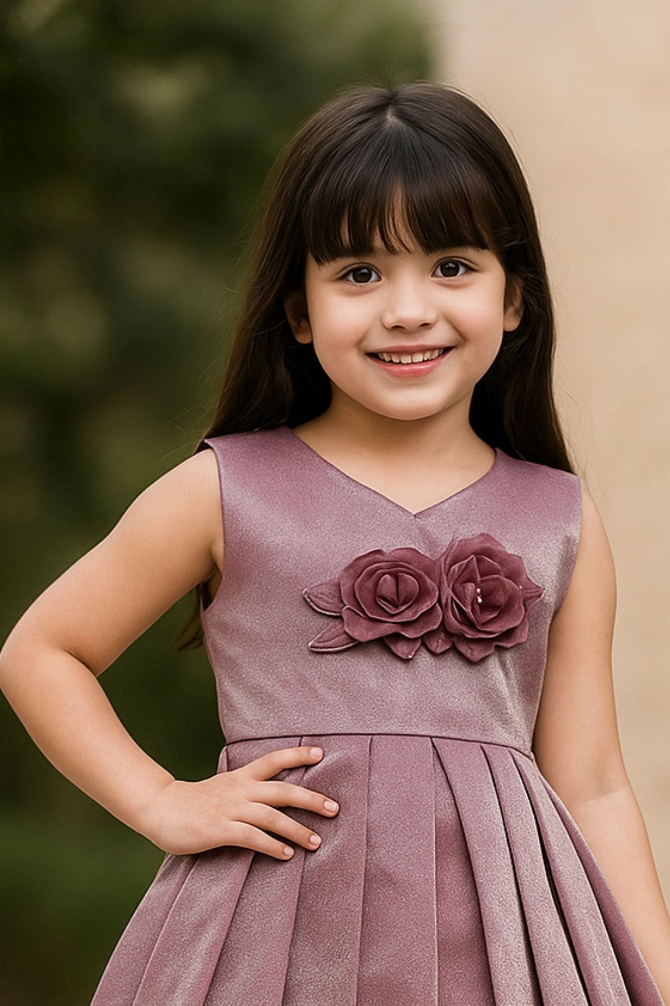 Shimmer Mauve Party Wear Frock with 3D Floral Accent For Girls