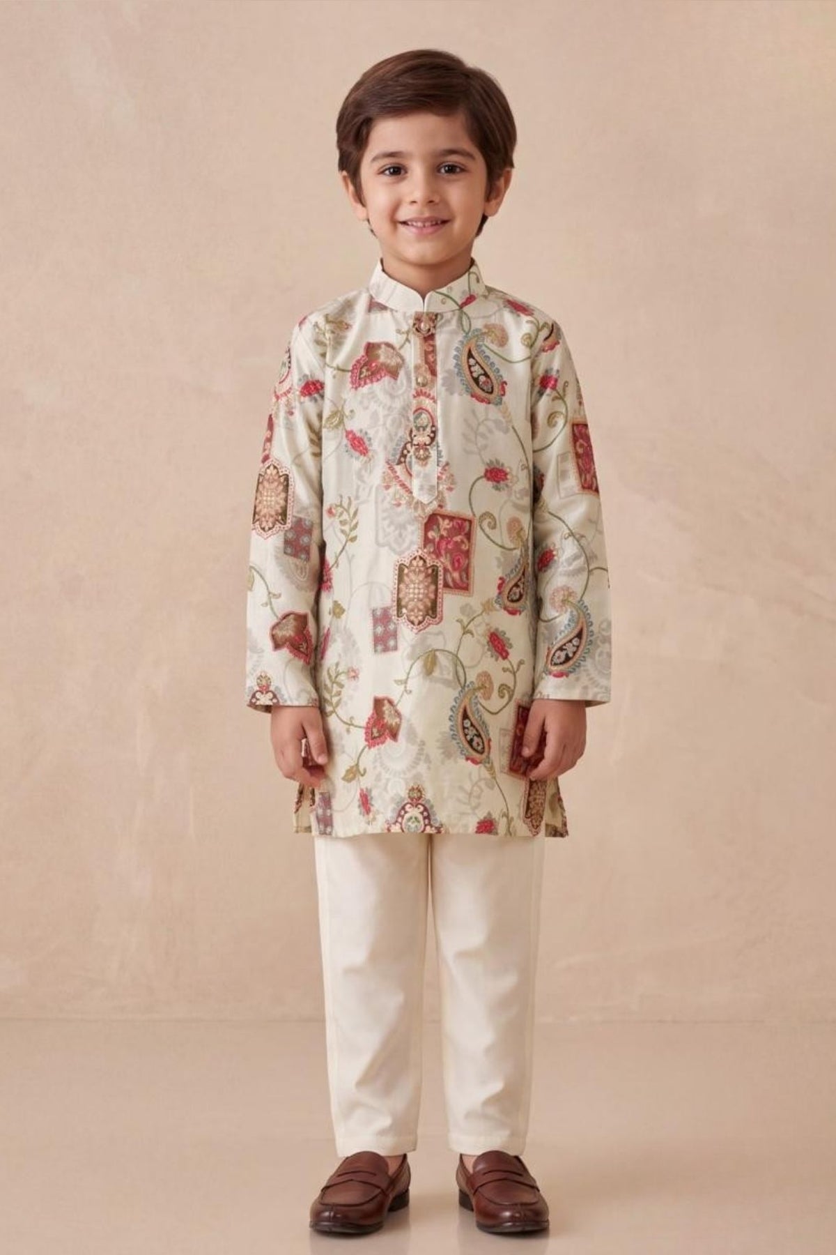 Boys Elegant Cream Paisley Kurta Set