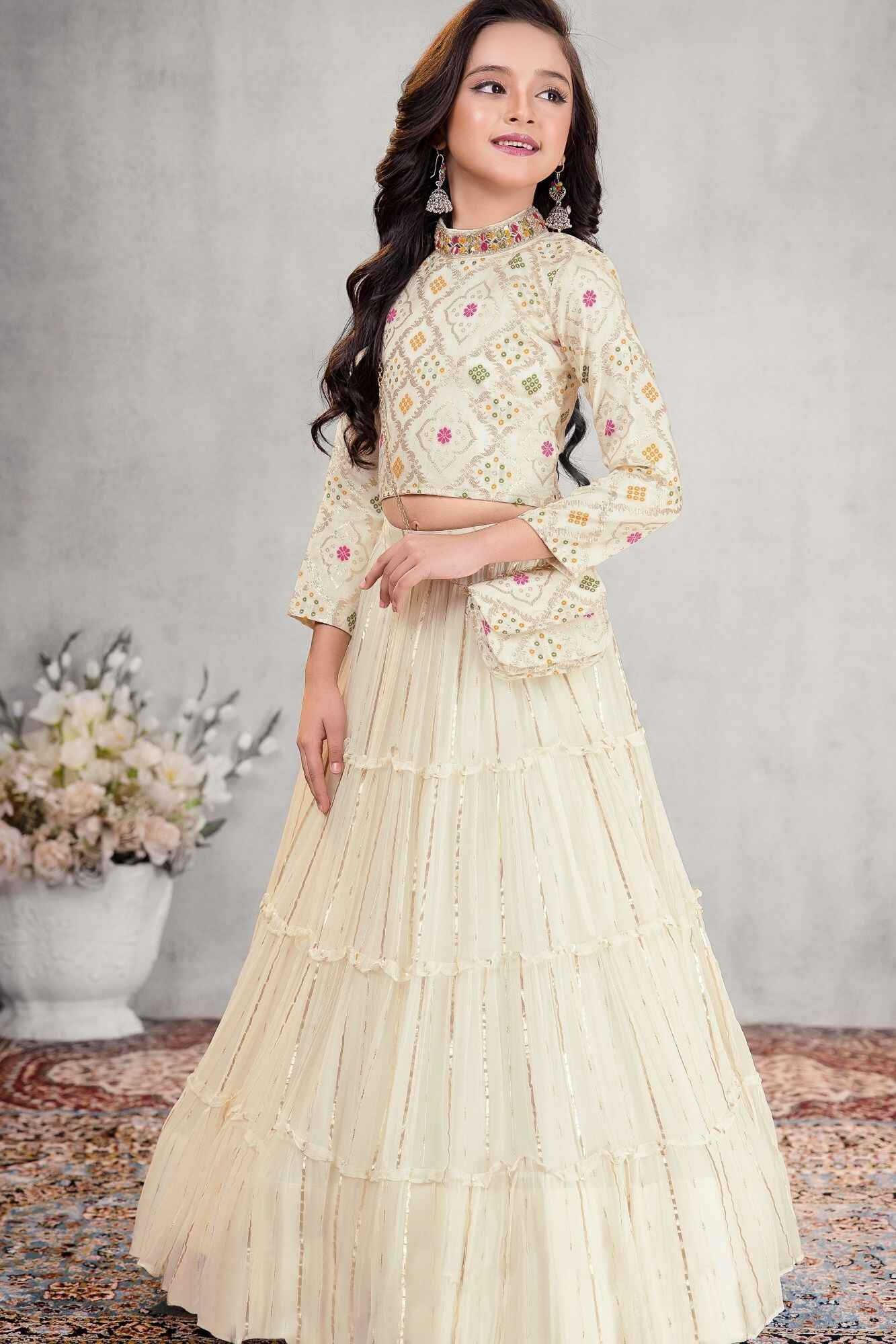 Traditional Ivory With Multicolor Embroidered Full Sleeve Lehenga Choli Set For Girls