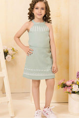Sea Green Printed Top And Skirts Sets For Girls